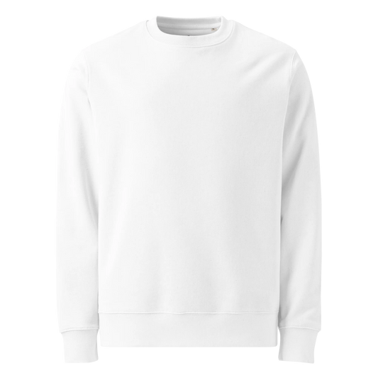 The front of a white crewneck sweatshirt with long sleeves and ribbed cuffs and hem.