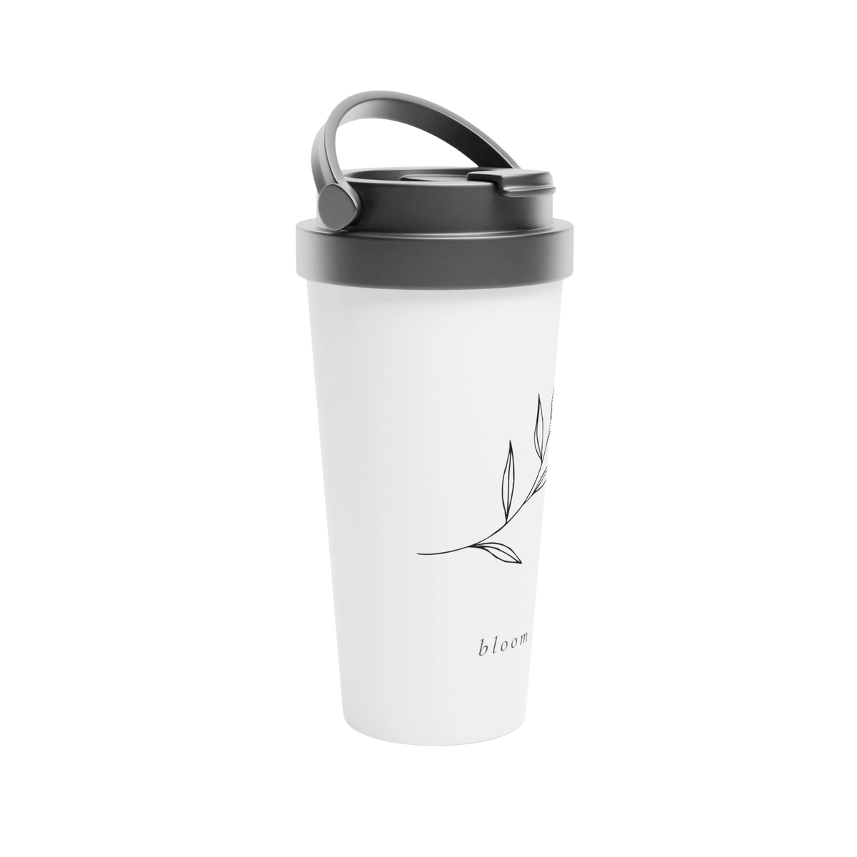 A side picture of a white travel tumbler featuring a minimalist black leaf branch illustration and the word 'bloom' printed near the bottom.