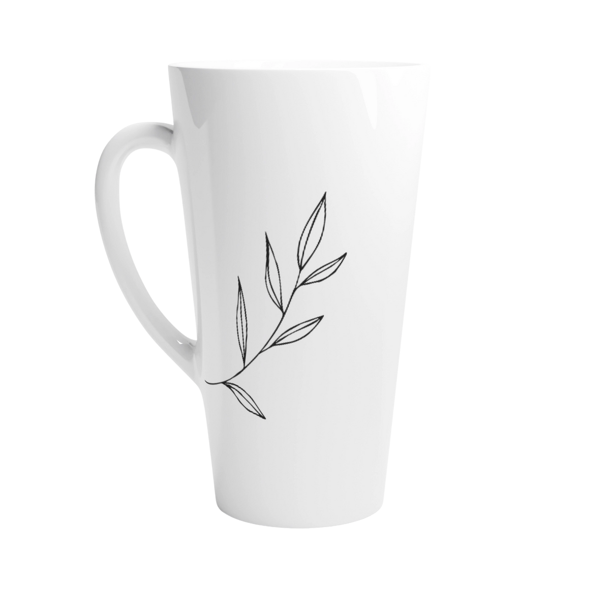 A tall white ceramic latte mug with a line art illustration of a leafy branch
