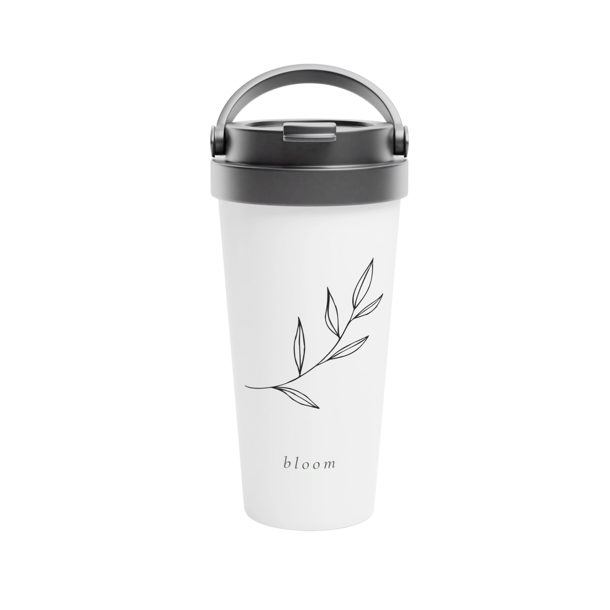 A white travel tumbler with a dark gray lid and handle, featuring a minimalist black leaf branch illustration and the word 'bloom' printed near the bottom.