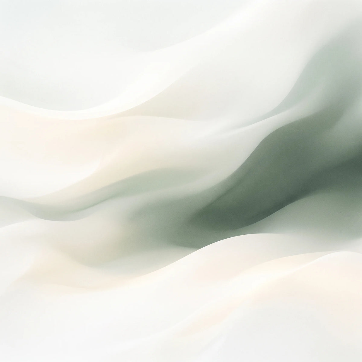Abstract flowing fabric texture with soft draped folds in off-white, cream, and muted sage green tones.
